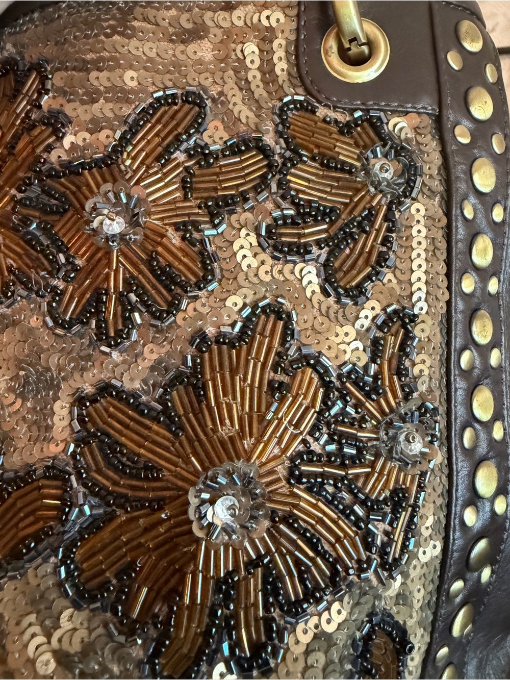 Sharif Brown and Gold Floral Beaded Tote EUC with Miss Chloe Mae modeling - Picture 4 of 13